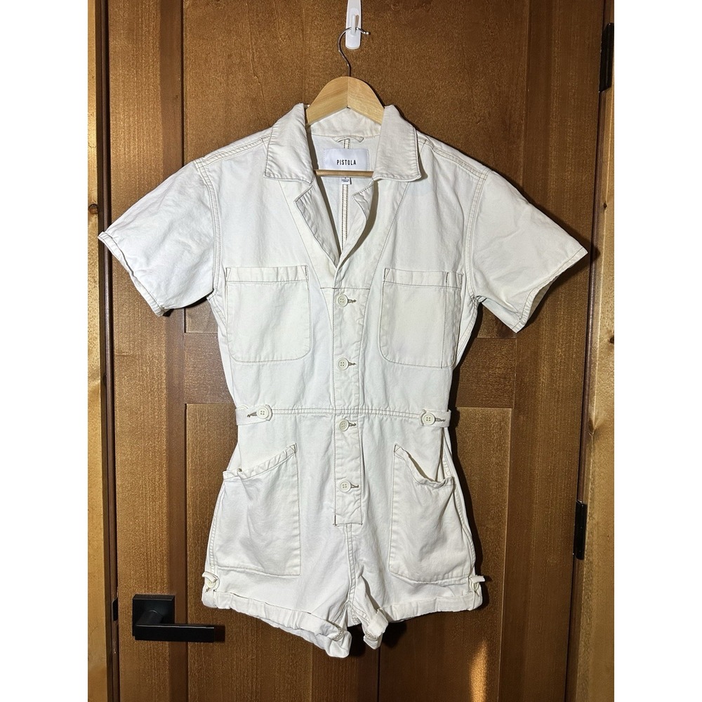 PISTOLA Parker Romper Women's S Ecru Cream Utility Short Sleeve Button Front